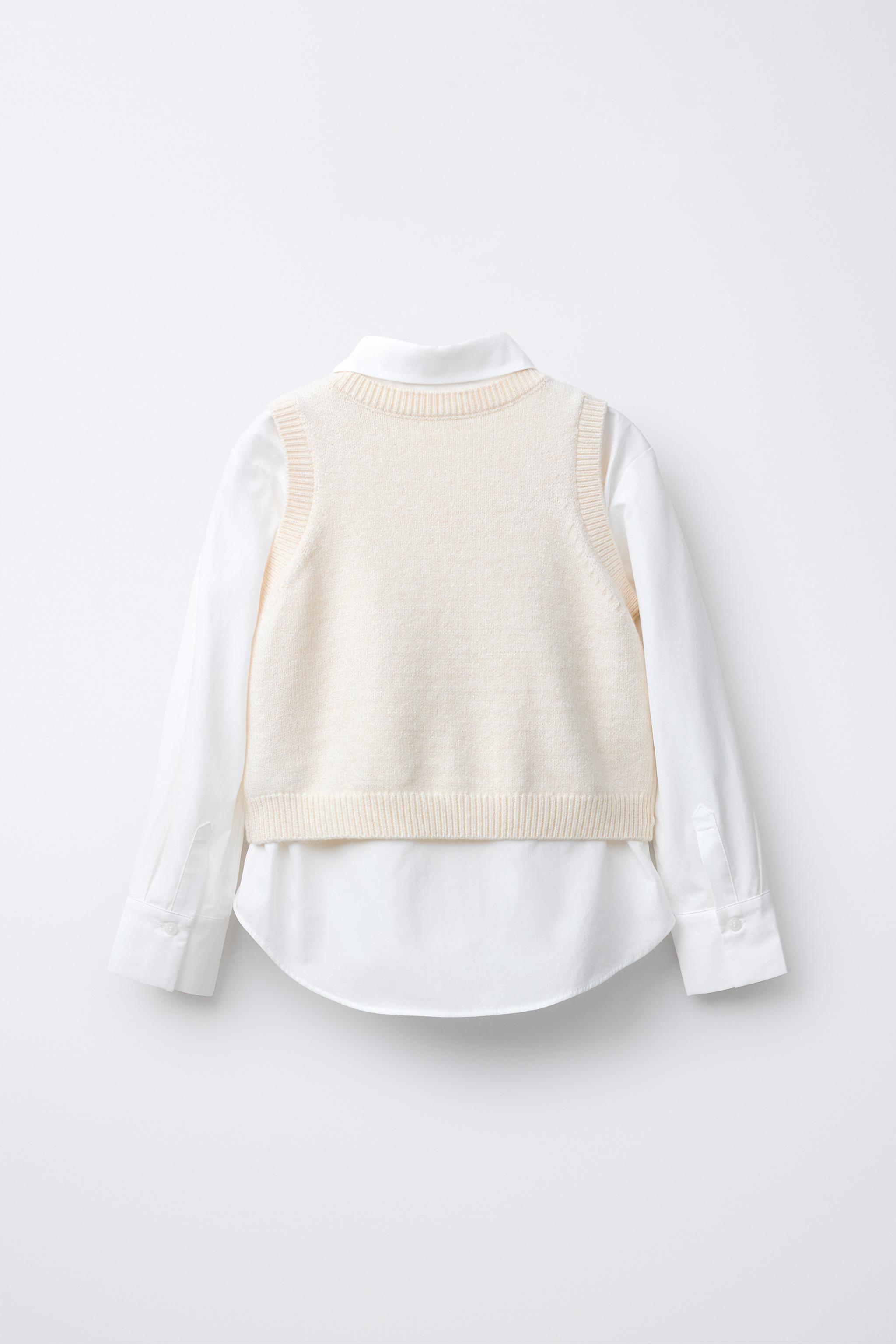 POPLIN SHIRT WITH KNIT VEST AND VELVET BOWS